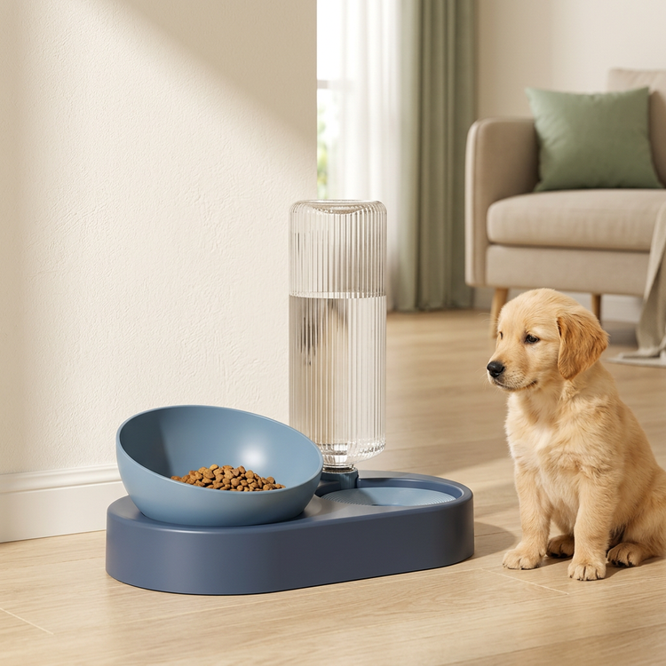 Golden retriever puppy next to the blue double food and water bowl with gravity water bottle
