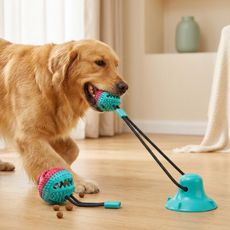 Golden retriever tugging the suction-cup interactive dog chew toy anchored to the floor