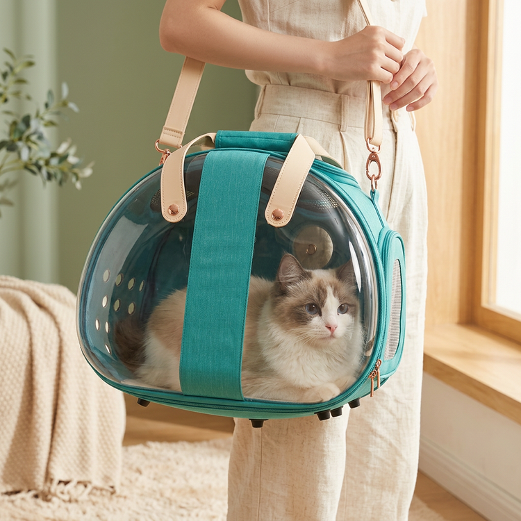 Ragdoll cat inside the teal transparent pet carrier bag carried over the shoulder