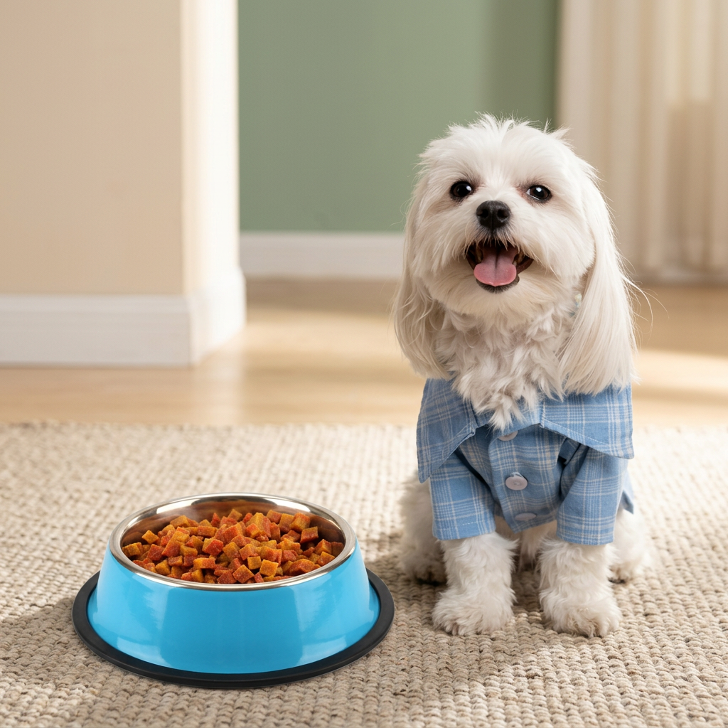 Happy white Maltese dog beside the blue stainless-steel insert pet feeding bowl