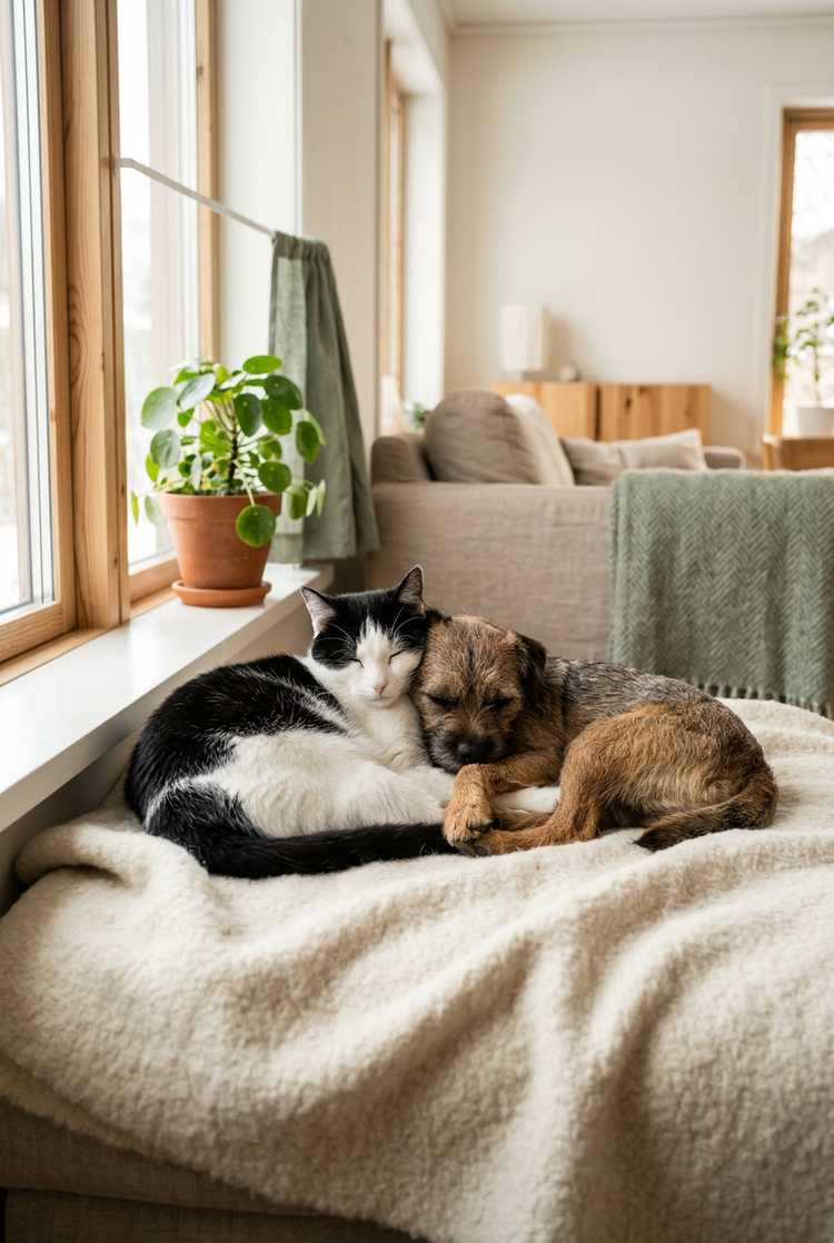 A black and white cat and a small terrier cuddling on a blanket