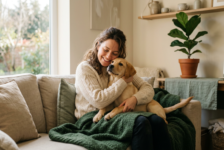 A smiling woman hugging her labrador puppy on a sofa
