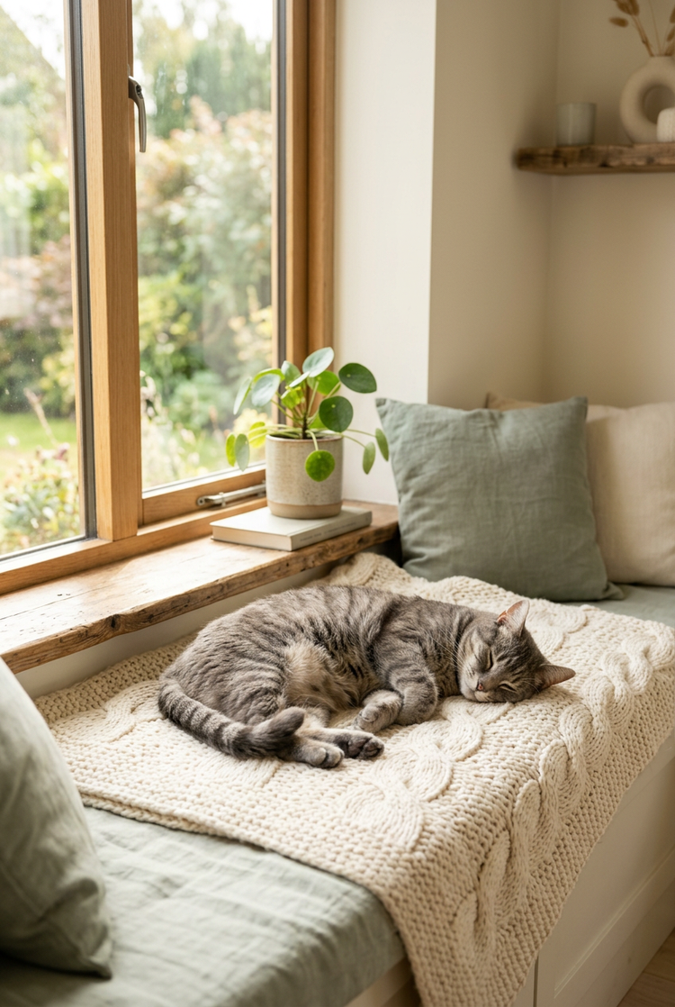 A grey tabby cat lounging on a cream blanket by the window