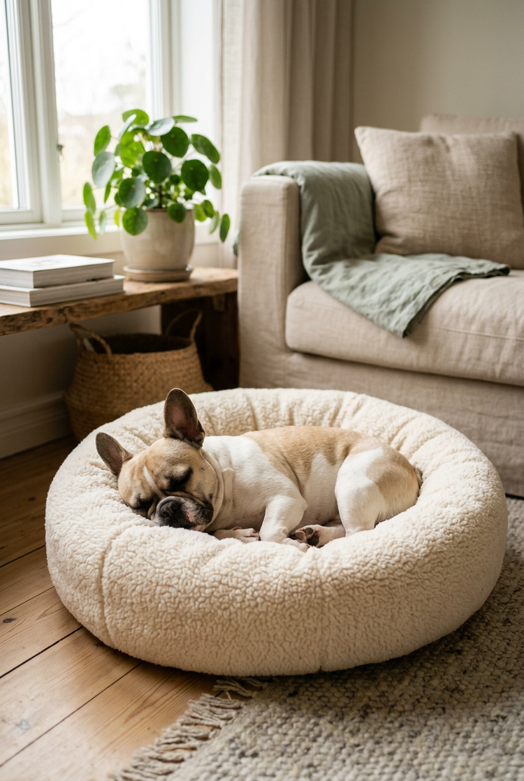 A French bulldog asleep in a round cream pet bed
