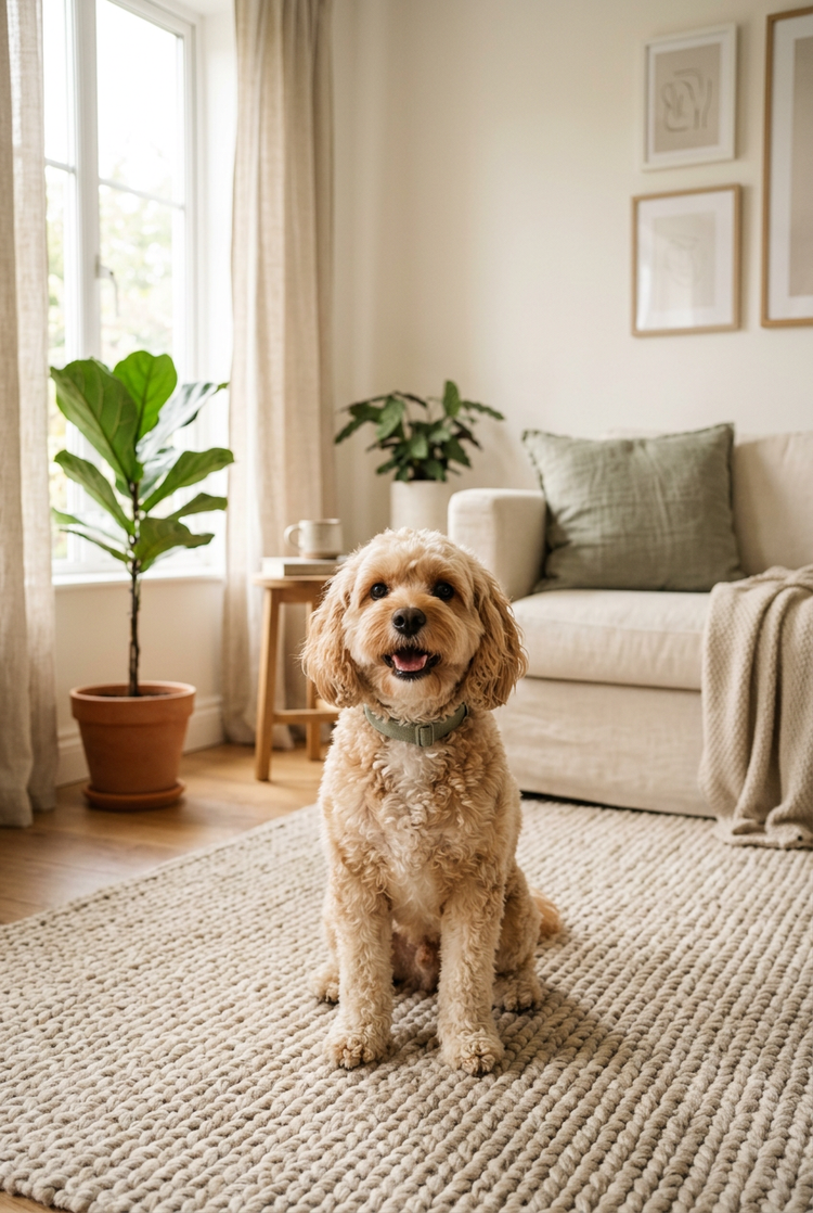 A happy cavapoo sitting on a beige rug