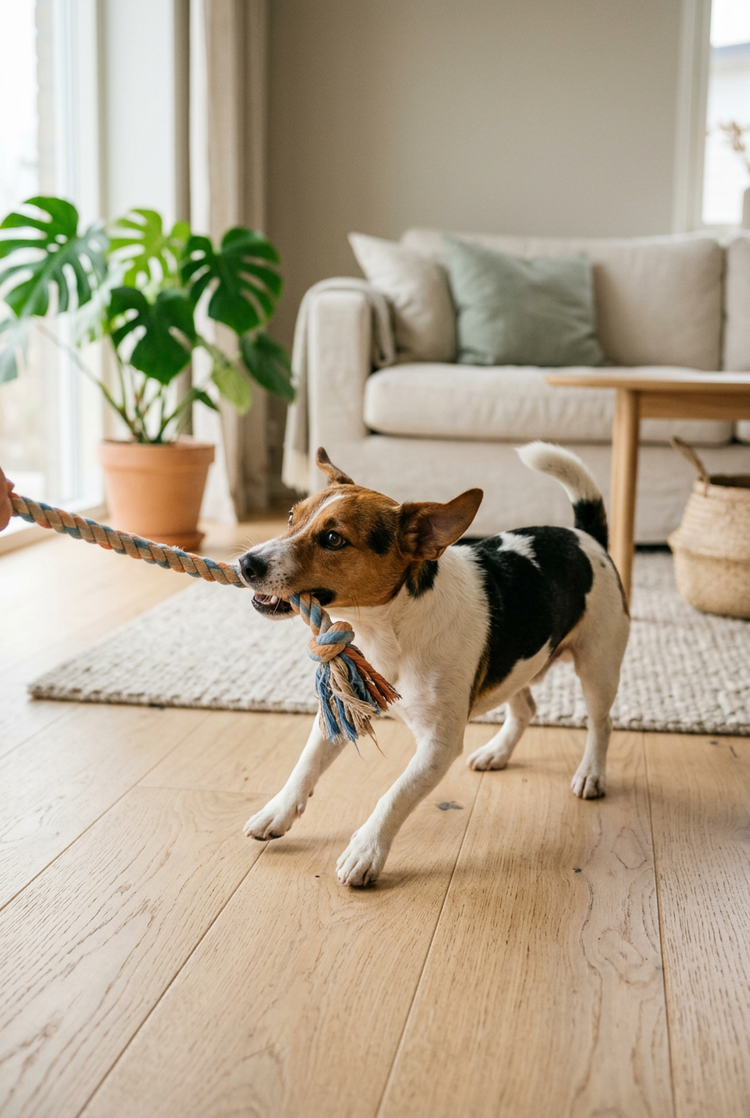 A jack russell terrier playing tug with a rope toy