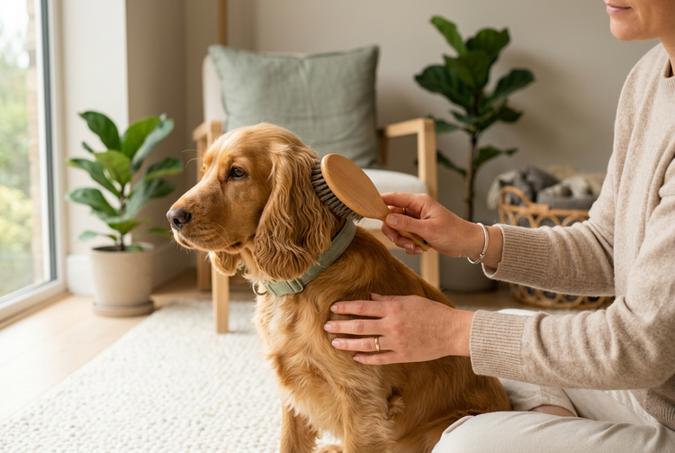A person gently brushing a golden cocker spaniel