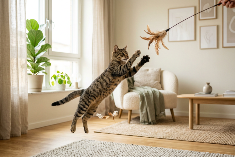 A tabby cat leaping after a feather toy