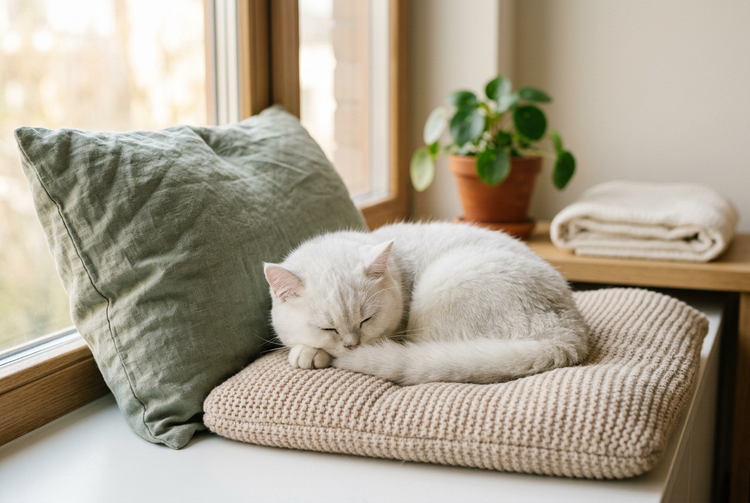 A white cat asleep on a soft beige cushion